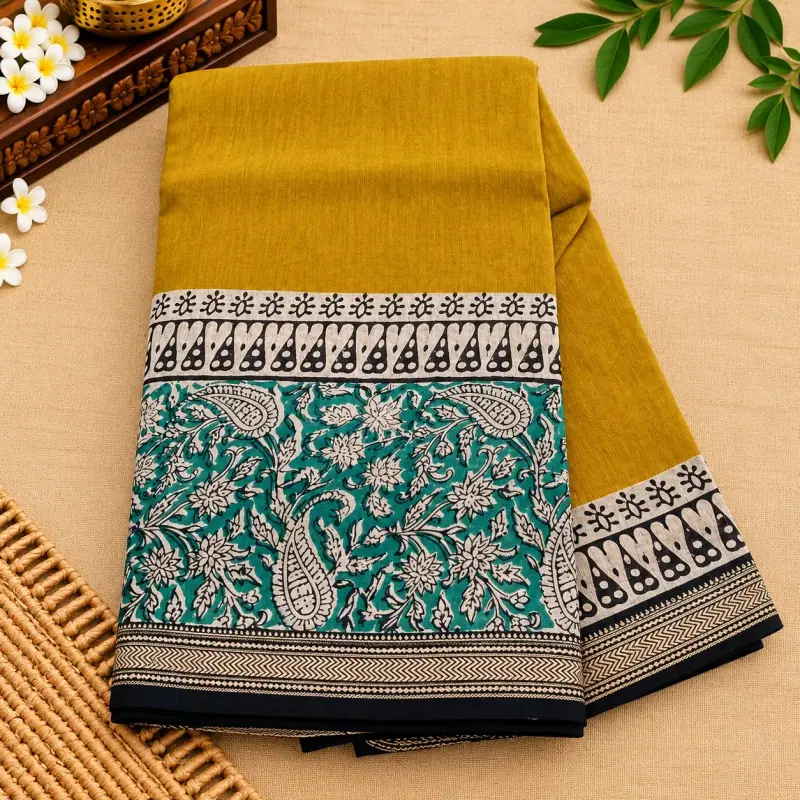 Bagru Maheswari Silk Cotton Saree – Mustard with Teal Paisley Pallu