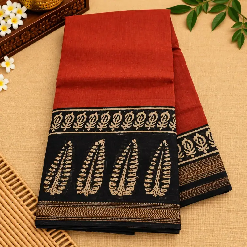 Bagru Maheswari Silk Cotton Saree – Rust Red with Black Paisley Border