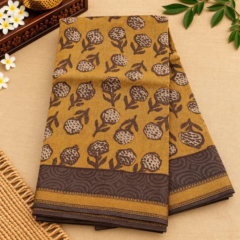 Bagru Maheswari Silk Cotton Saree – Mustard Floral Bud