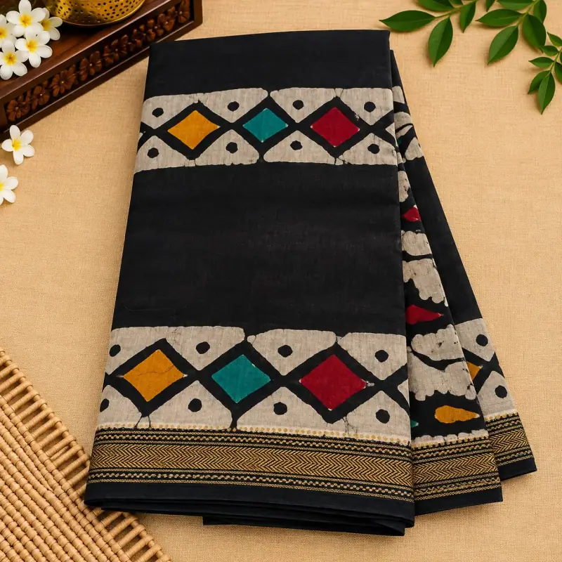 Bagru Maheswari Silk Cotton Saree – Black Diamond Border