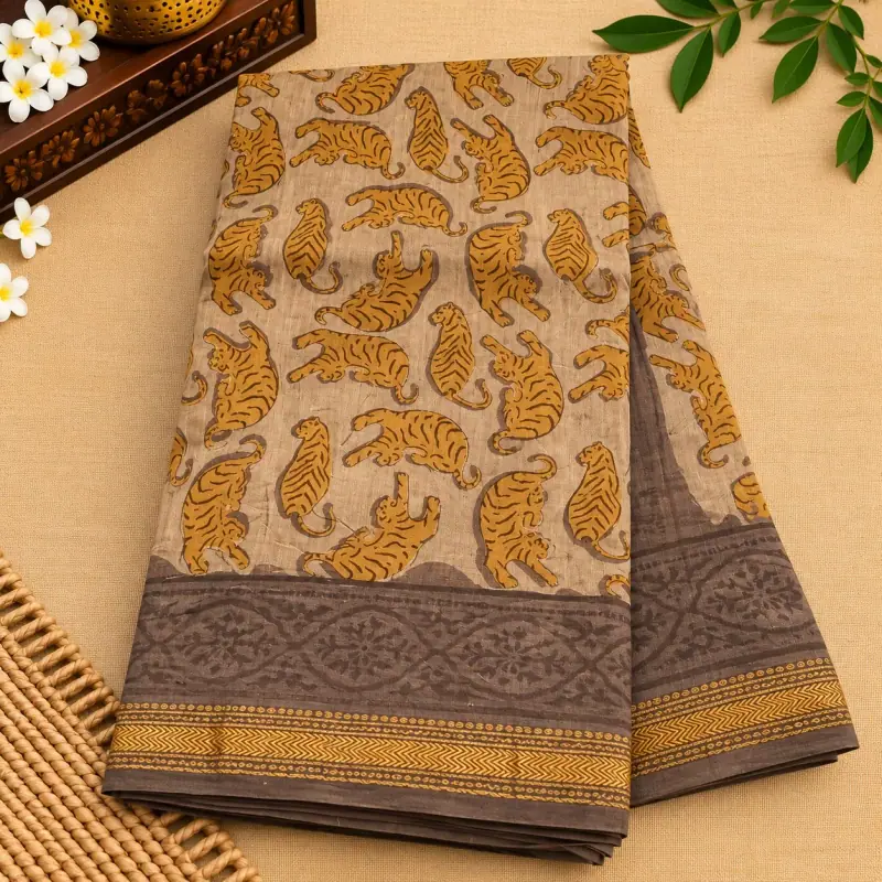 Bagru Maheswari Silk Cotton Saree – Beige Mustard Tiger