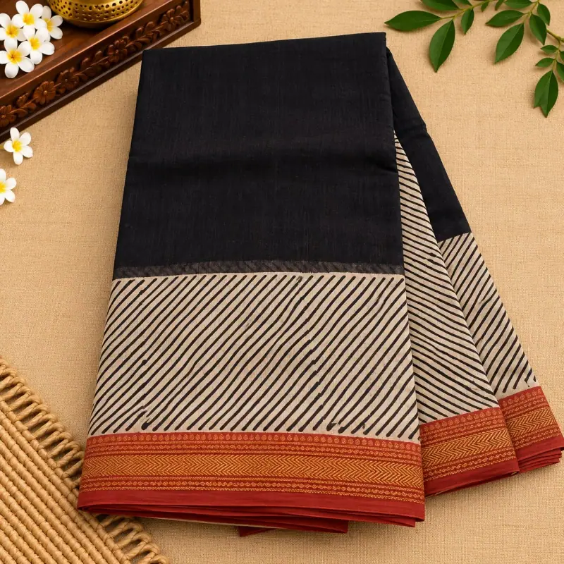 Bagru Maheswari Silk Cotton Saree – Black with Diagonal Stripes