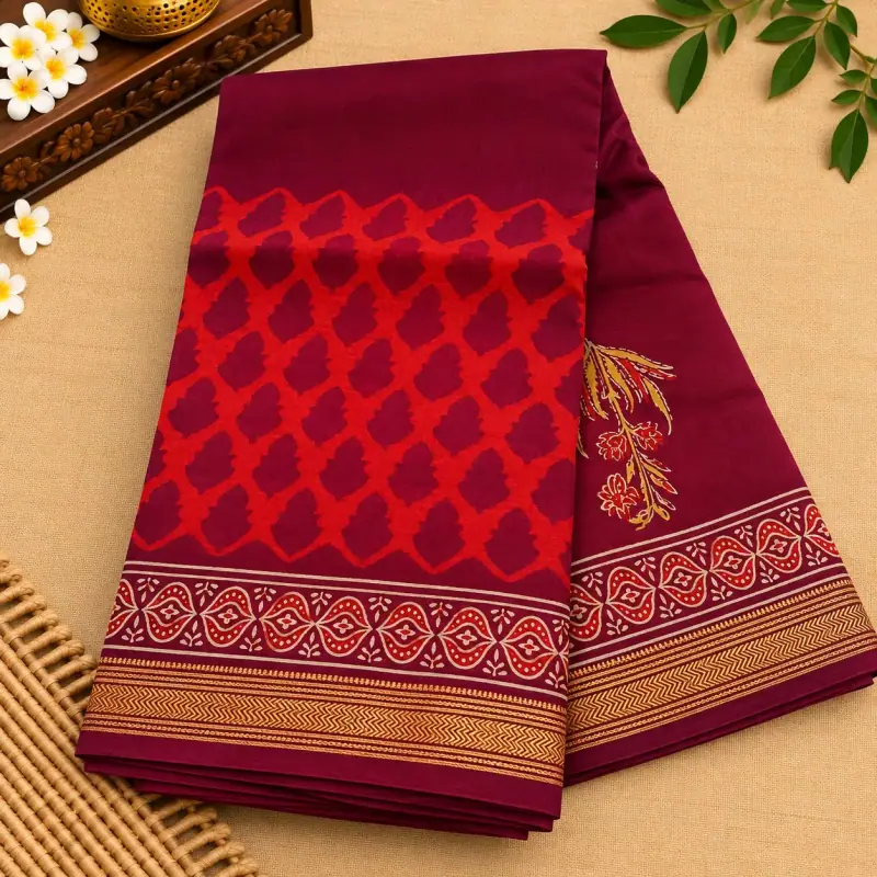 Bagru Maheswari Silk Cotton Saree – Maroon and Red Lattice