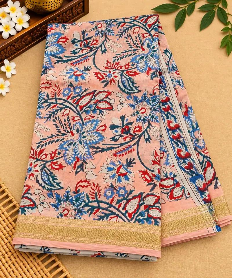 Bagru Maheswari Silk Cotton Saree – Peach Blue Floral Vine