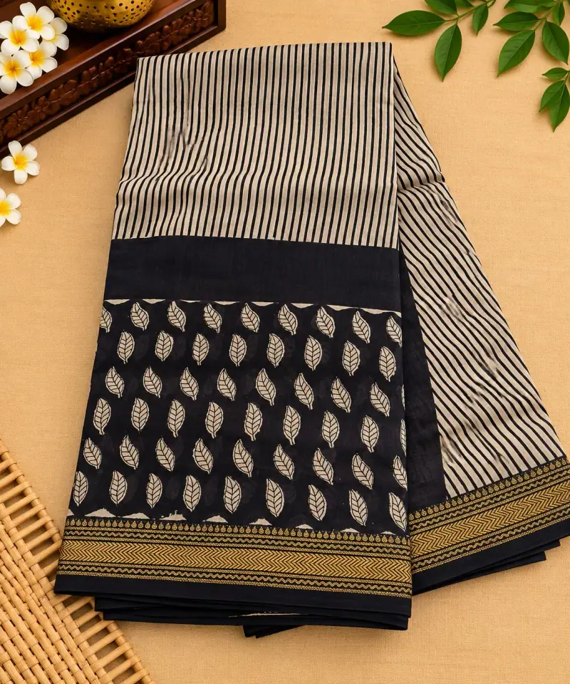 Bagru Maheswari Silk Cotton Saree – Black Leaf Butta with Stripes