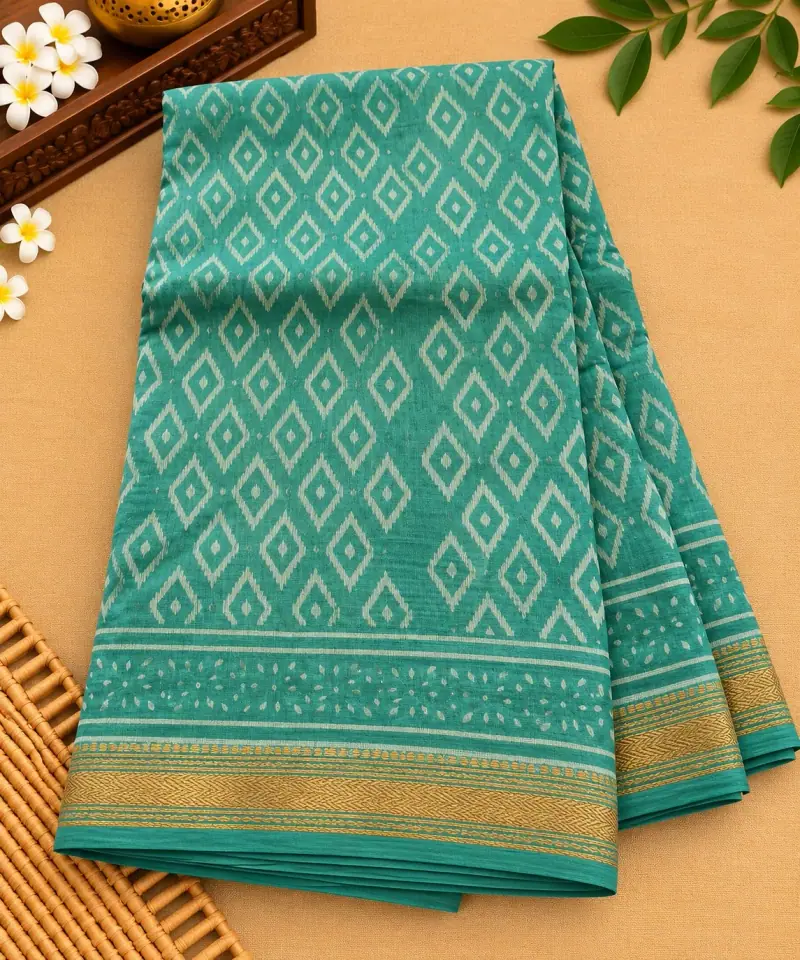 Bagru Maheswari Silk Cotton Saree – Teal Diamond Pattern
