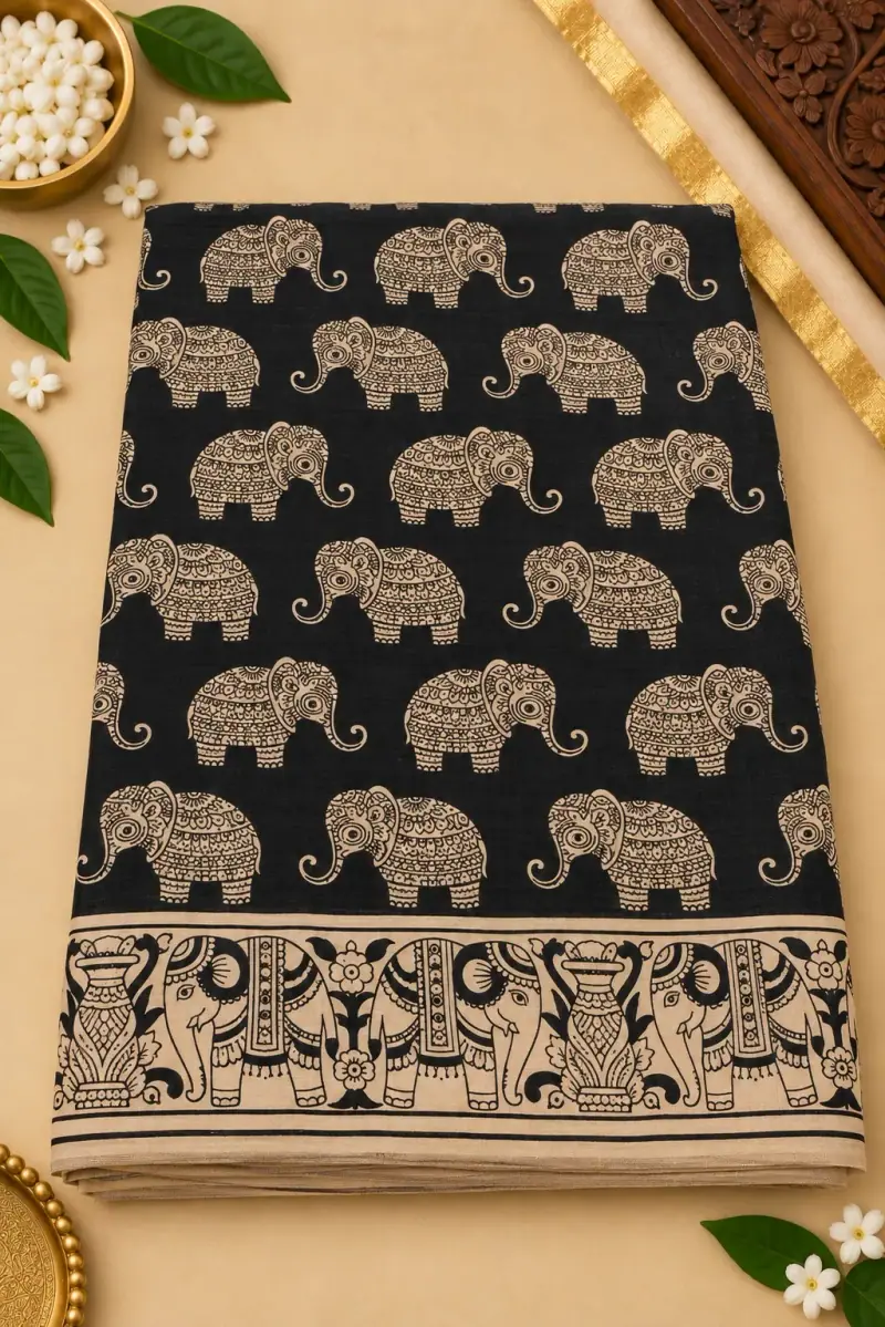 Kalamkari Cotton Saree – Elephant Design