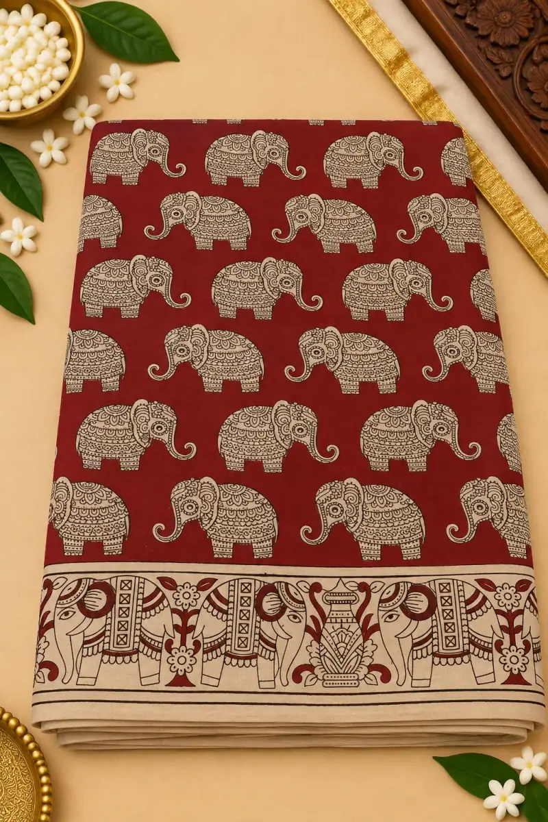 Kalamkari Cotton Saree – Elephant Design