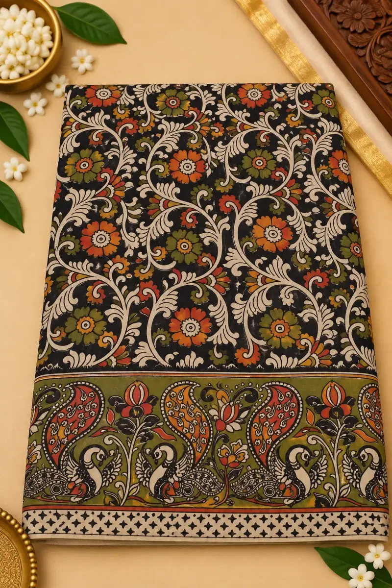 Kalamkari Cotton Saree – Floral Vine and Peacock Border Design