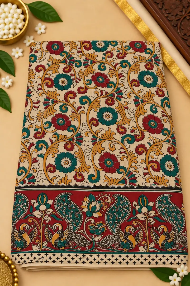 Kalamkari Cotton Saree – Floral Vine and Peacock Border Design