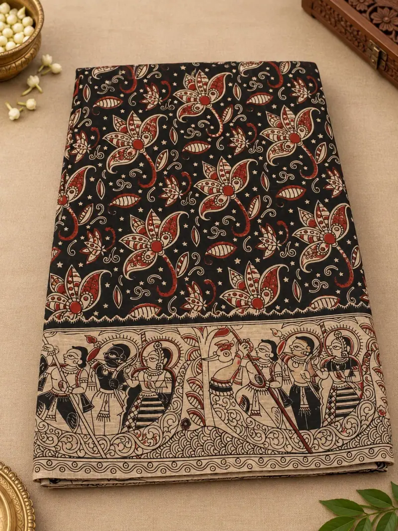 Kalamkari Cotton Saree – Floral and Boat Procession Design