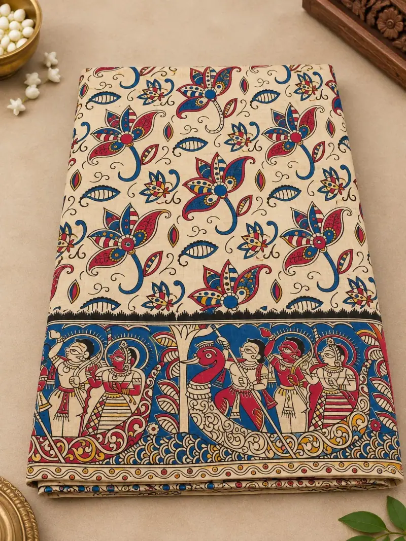 Kalamkari Cotton Saree – Floral and Boat Procession Design