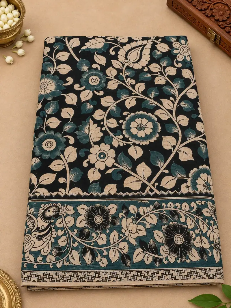 Kalamkari Cotton Saree – Bold Flower Vine Design