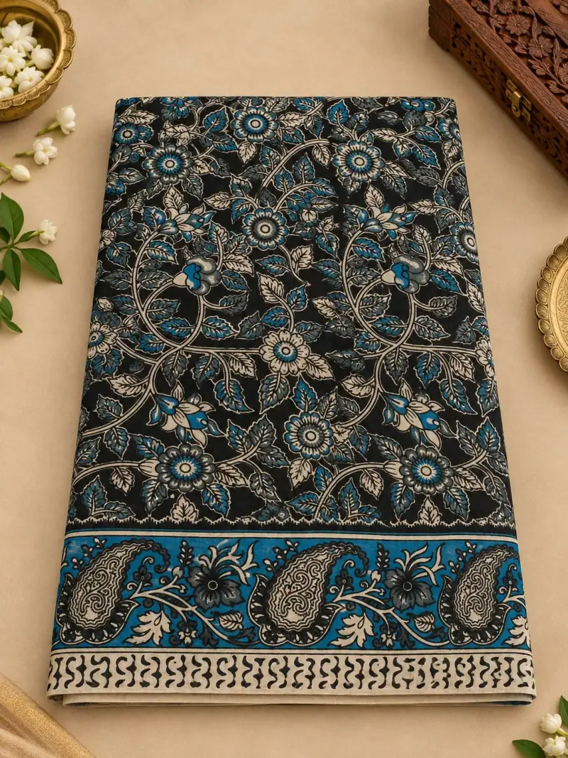 Kalamkari Cotton Saree – Floral Vine and Paisley Design