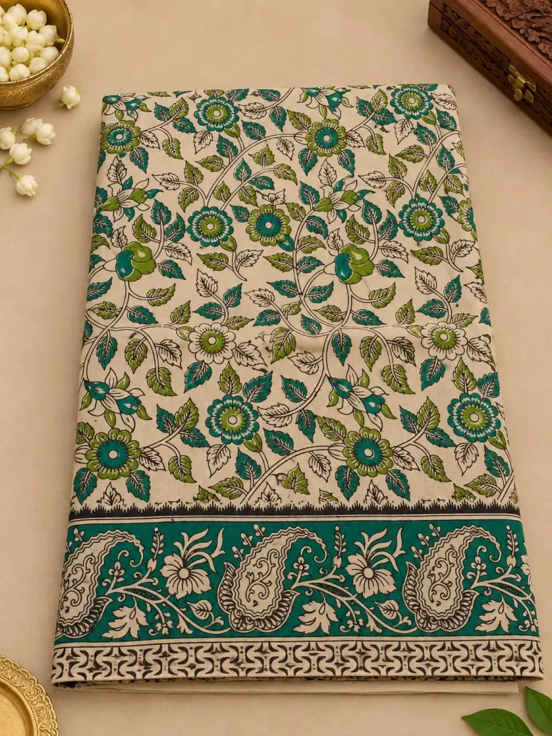 Kalamkari Cotton Saree – Floral Vine and Paisley Design
