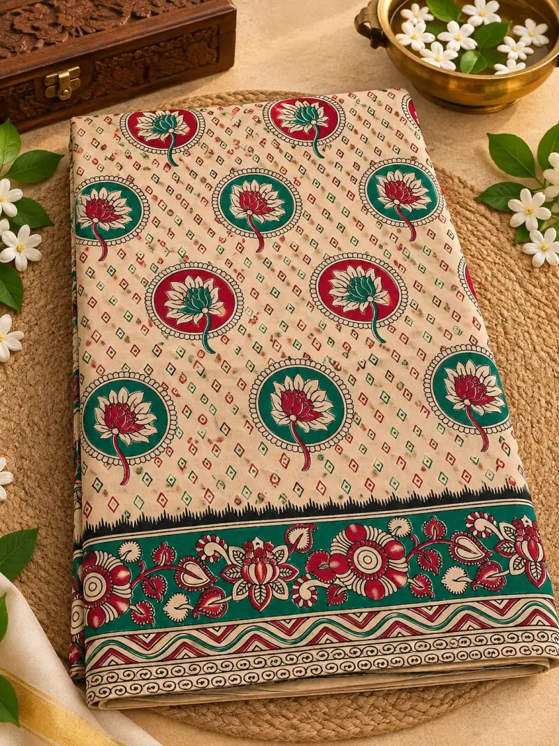 Kalamkari Cotton Saree – Lotus Medallion Design