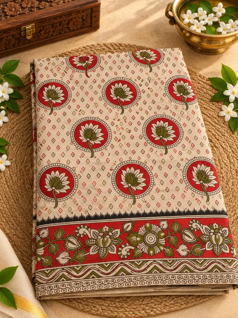 Kalamkari Cotton Saree – Lotus Medallion Design