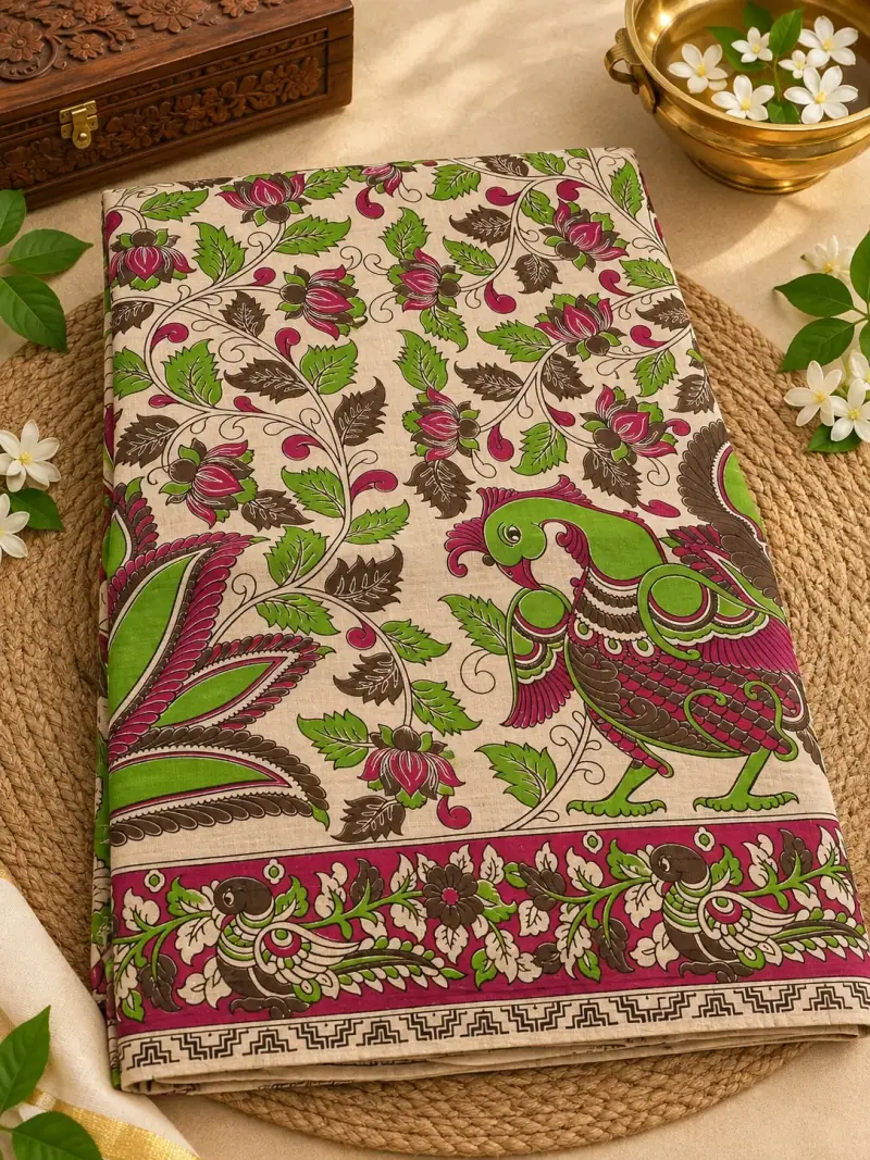 Kalamkari Cotton Saree – Peacock and Lotus Design