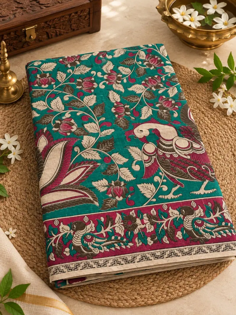 Kalamkari Cotton Saree – Peacock and Lotus Design