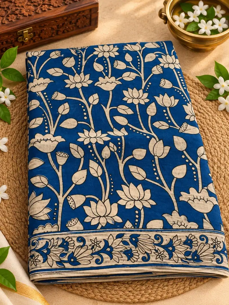 Kalamkari Cotton Saree – Lotus Vine Design