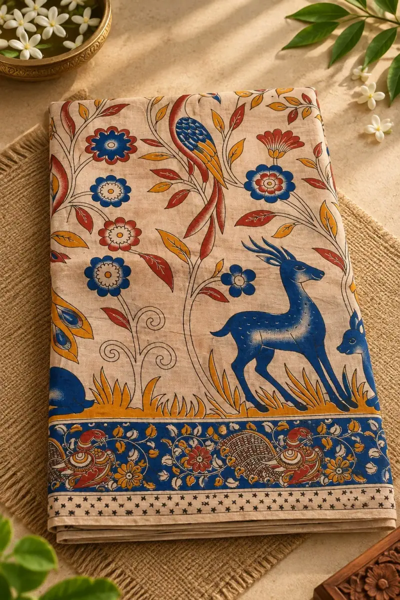 Kalamkari Cotton Saree – Deer and Peacock Design