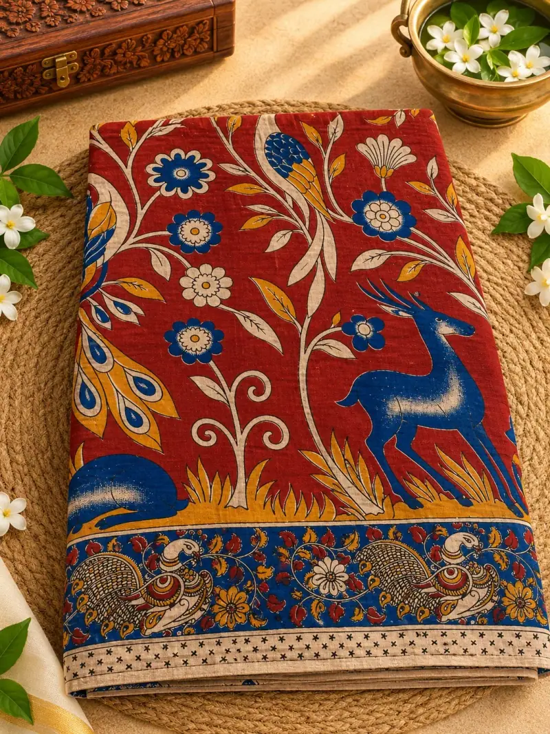 Kalamkari Cotton Saree – Deer and Peacock Design