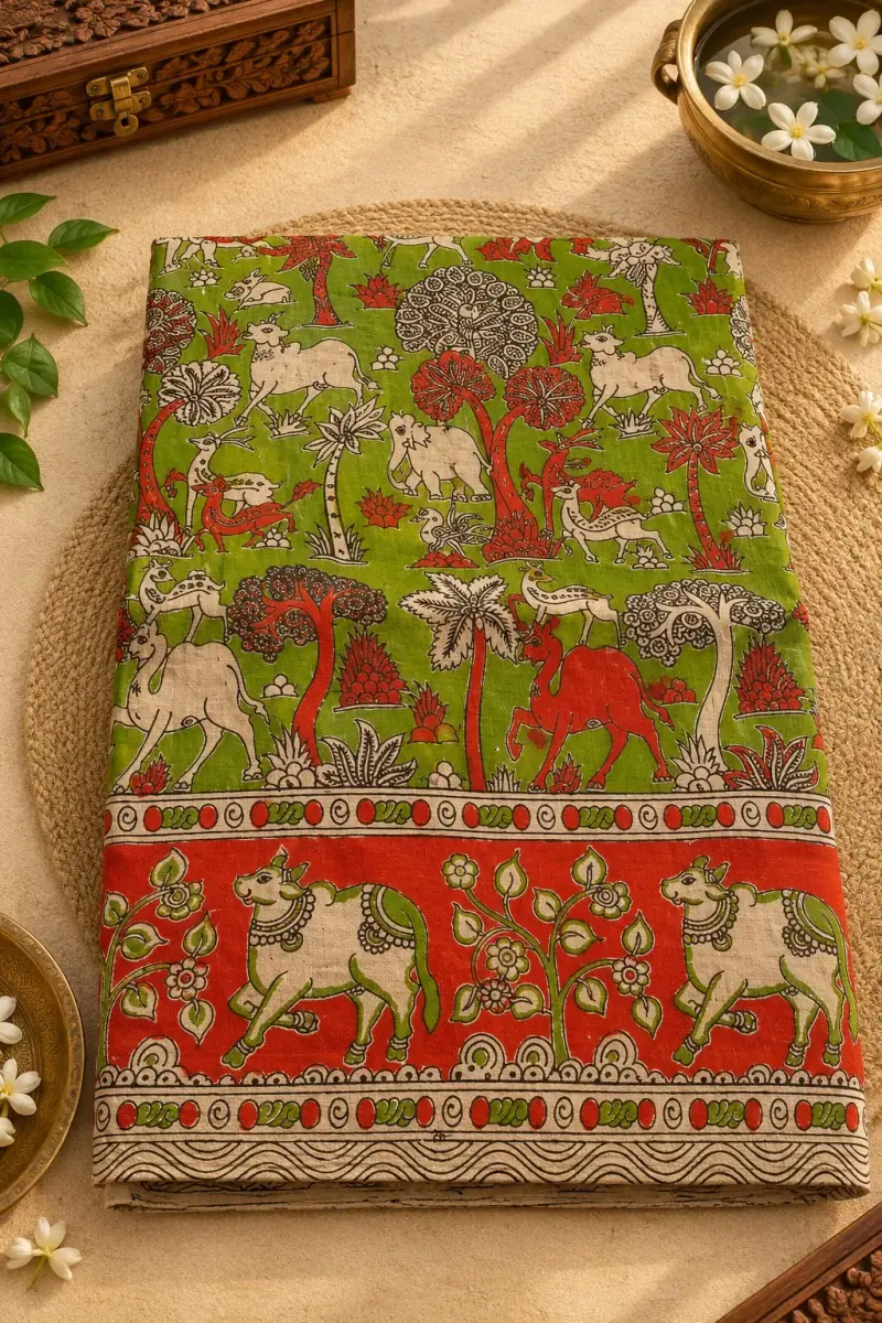 Kalamkari Cotton Saree – Cow and Tree Design