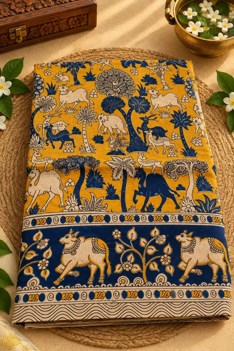 Kalamkari Cotton Saree – Cow and Tree Design
