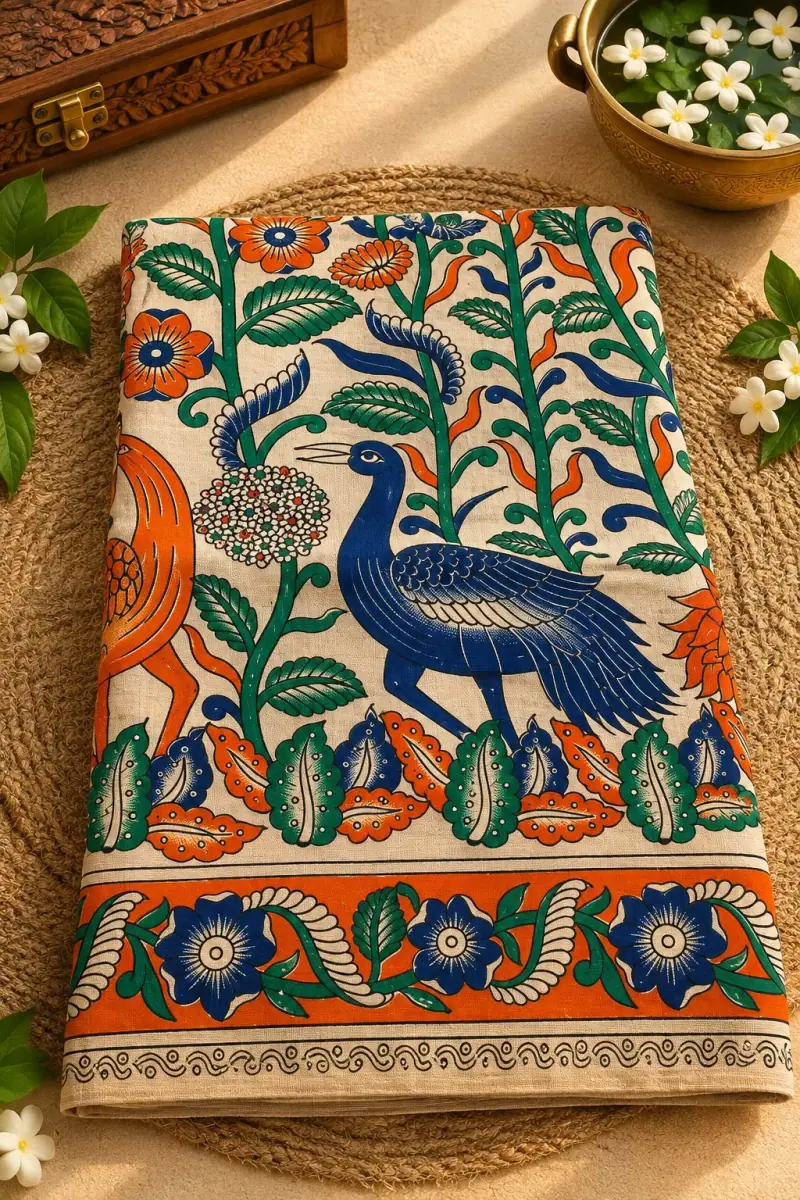 Kalamkari Cotton Saree – Peacock and Tree Design