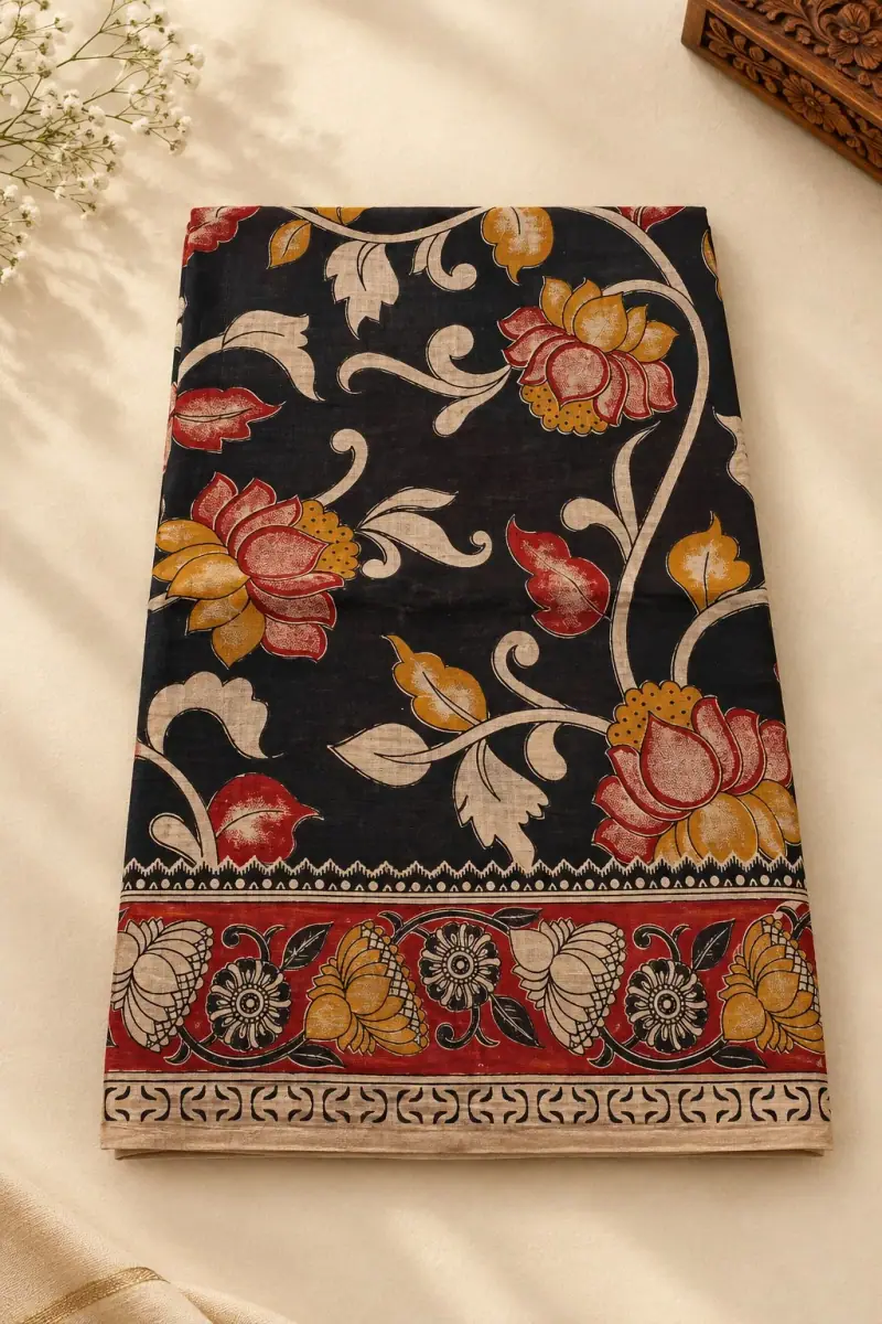Kalamkari Cotton Saree – Lotus and Leaf Vine Design