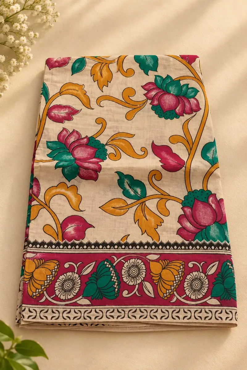 Kalamkari Cotton Saree – Lotus and Leaf Vine Design