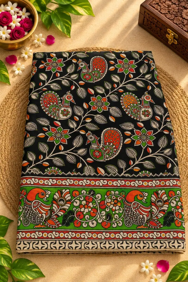 Kalamkari Cotton Saree – Peacock Floral Vine Design