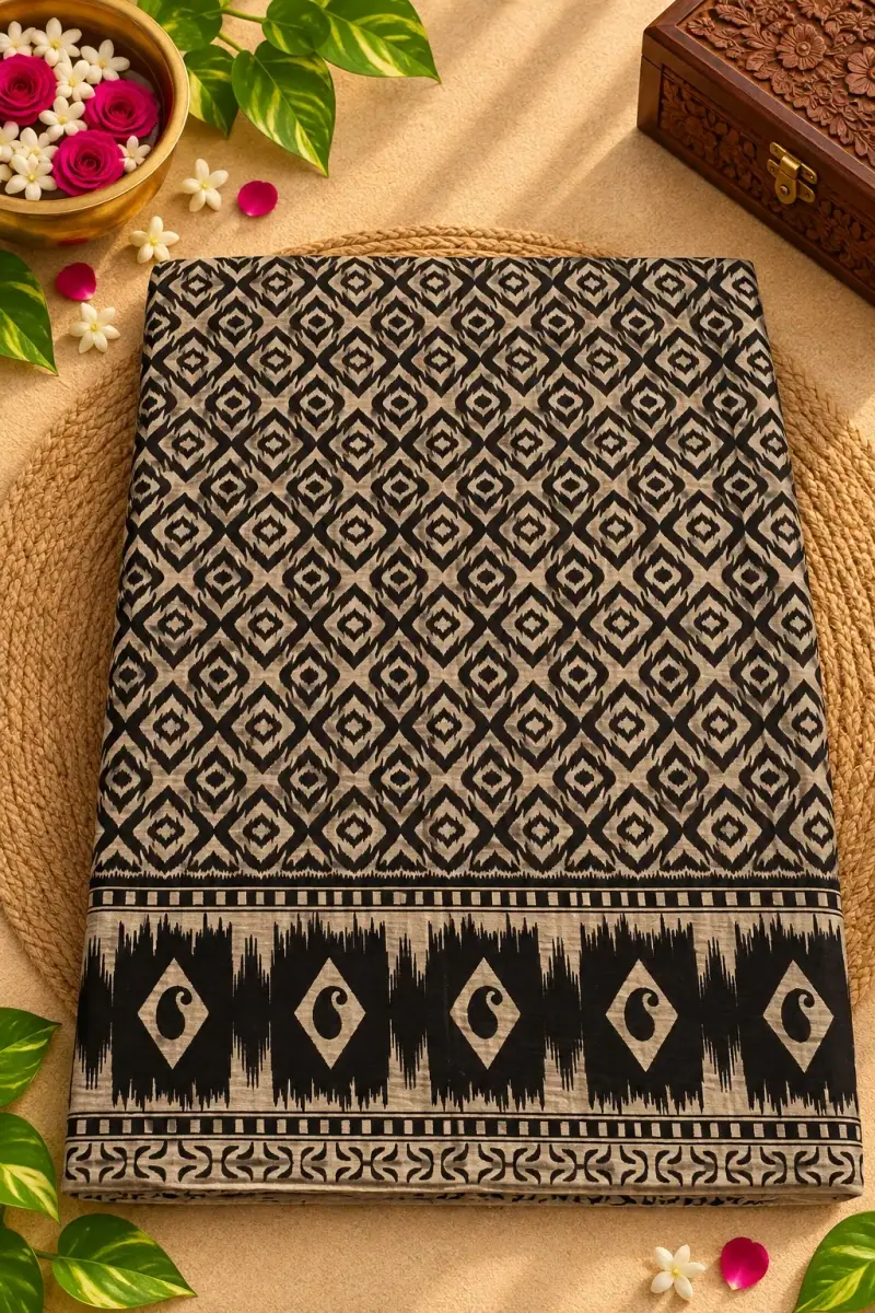 Kalamkari Cotton Saree – Black and Cream Diamond Motif