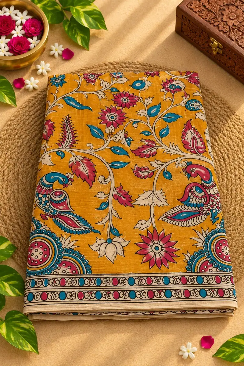 Kalamkari Cotton Saree – Mustard Peacock and Floral Vine