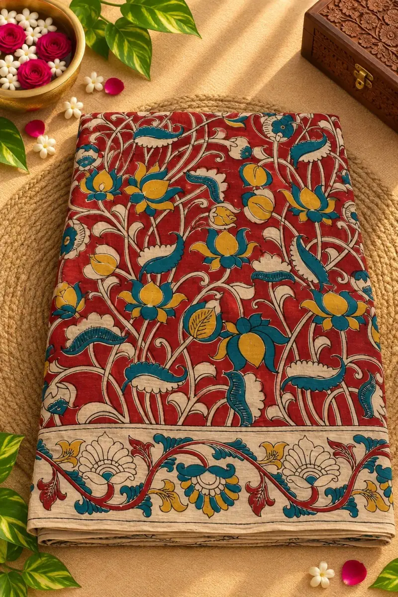 Kalamkari Cotton Saree – Red Lotus Vine