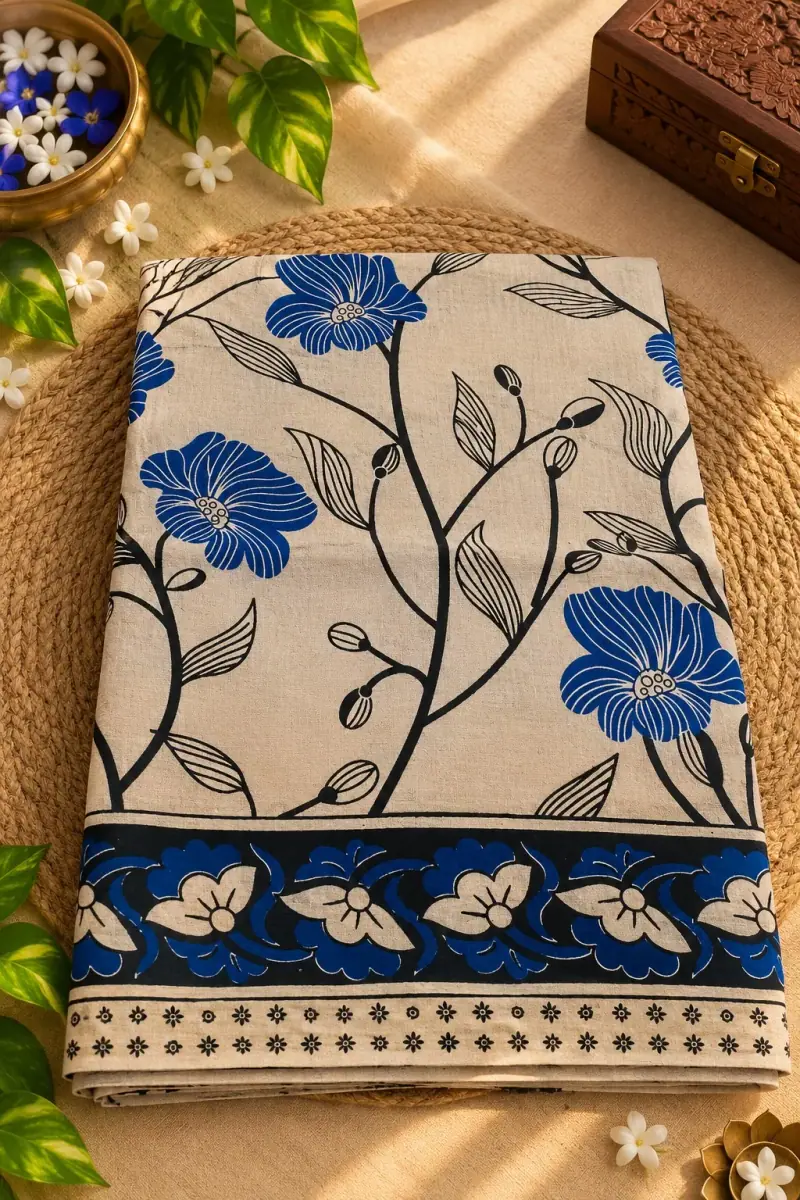 Kalamkari Cotton Saree – Floral Branch Design