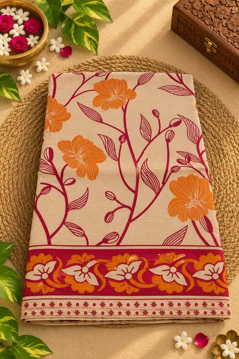 Kalamkari Cotton Saree – Floral Branch Design