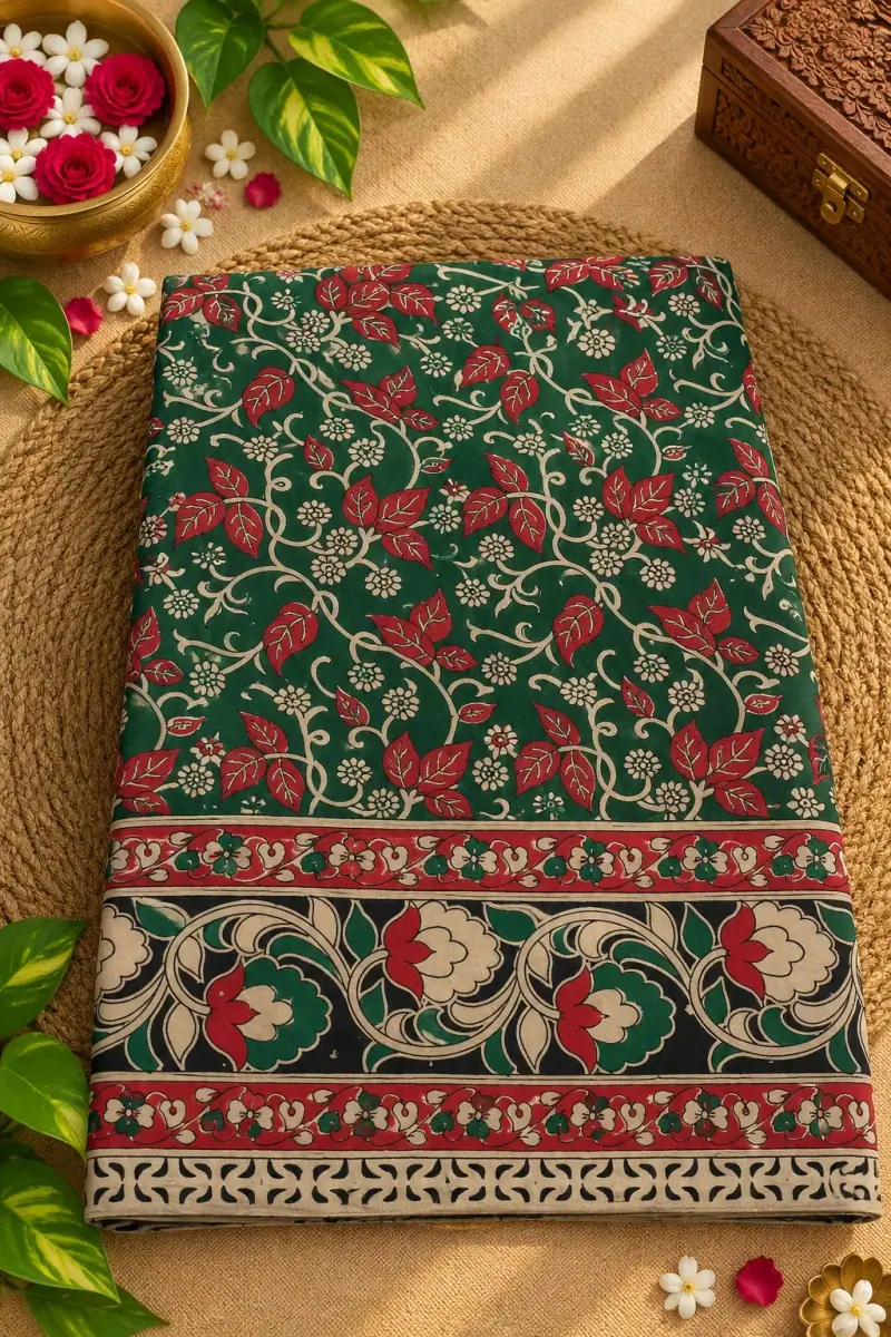 Kalamkari Cotton Saree – Leaf and Floral Vine Design