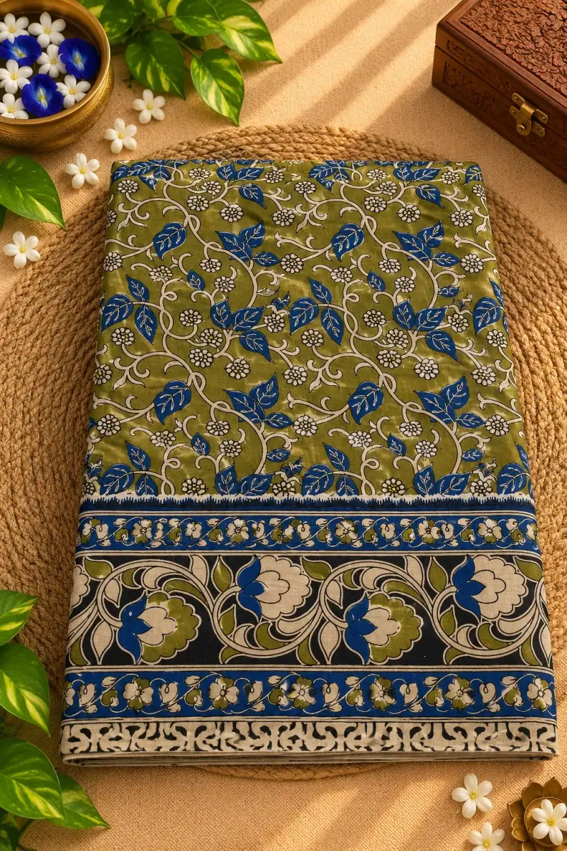 Kalamkari Cotton Saree – Leaf and Floral Vine Design