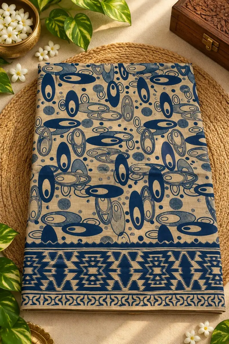 Kalamkari Cotton Saree – Abstract Oval Motif Design