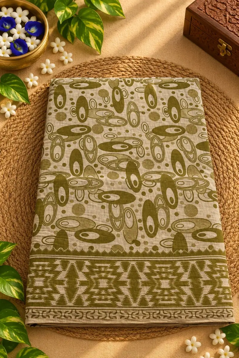 Kalamkari Cotton Saree – Abstract Oval Motif Design