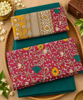Kalamkari Cotton Dress Material – Pink Floral Vine with Teal — photo 1