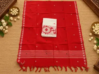 Pure Handloom Dress Material — White Top with Red Dupatta design