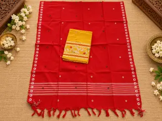 Pure Handloom Dress Material — Yellow Top with Red Dupatta design