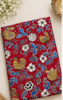 Traditional Kalamkari Cotton Print Fabric – Red Bird and Floral — photo 1