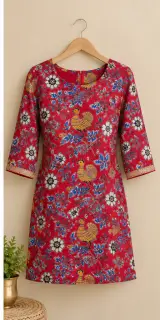 Traditional Kalamkari Cotton Print Fabric – Red Bird and Floral — photo 4