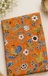 Traditional Kalamkari Cotton Fabric – Orange Bird and Floral — photo 1