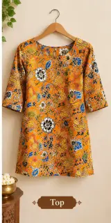Traditional Kalamkari Cotton Fabric – Orange Bird and Floral — photo 4