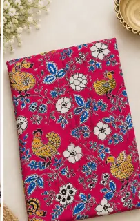 Traditional Kalamkari Cotton Fabric – Pink Bird and Floral — photo 1