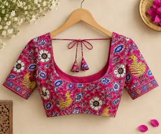 Traditional Kalamkari Cotton Fabric – Pink Bird and Floral — photo 3